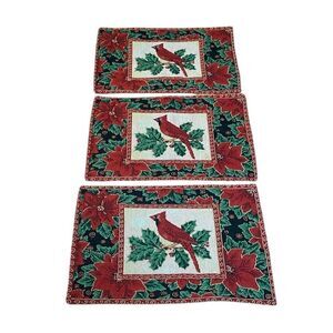Cardinal Placemats, Vintage Christmas, set of 3, woven, Red Holiday, table mats